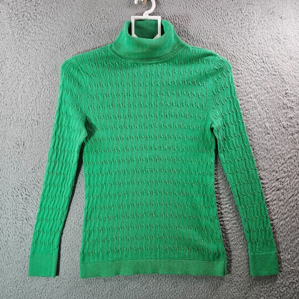 Talbots‎ Knit Top Women Medium Petite Fitted Turtle Neck Long Sleeve Green
